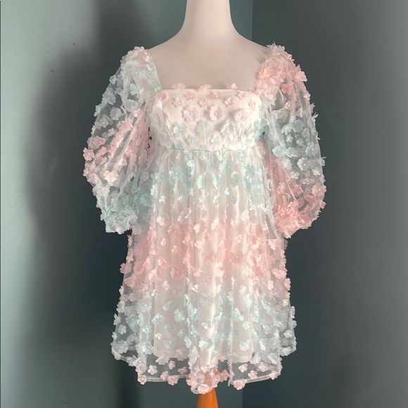 Storia Chic Sheer Floral baby doll Dress with Puff Sleeves - Picture 2 of 11